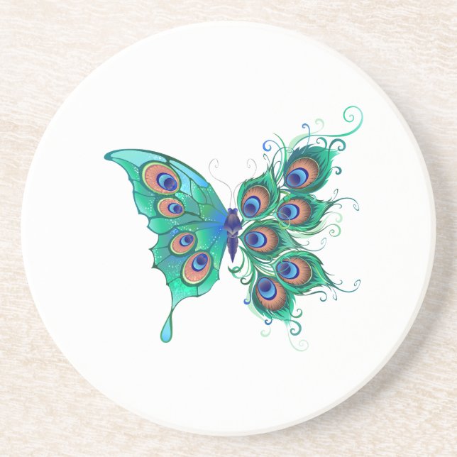 Butterfly with Green Peacock Feathers Coaster (Front)