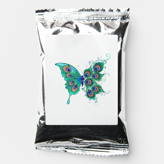 Butterfly with Green Peacock Feathers Coffee Drink Mix (Front)