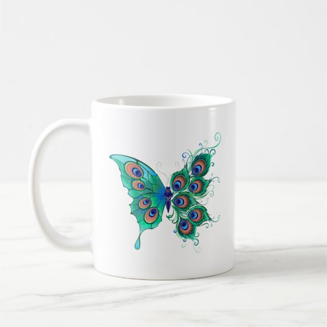 Butterfly with Green Peacock Feathers Coffee Mug (Left)