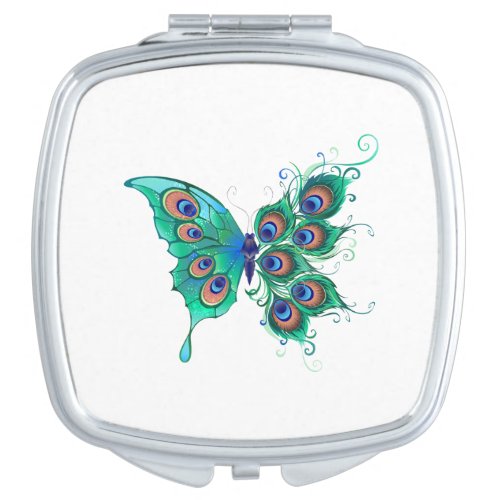Butterfly with Green Peacock Feathers Compact Mirror