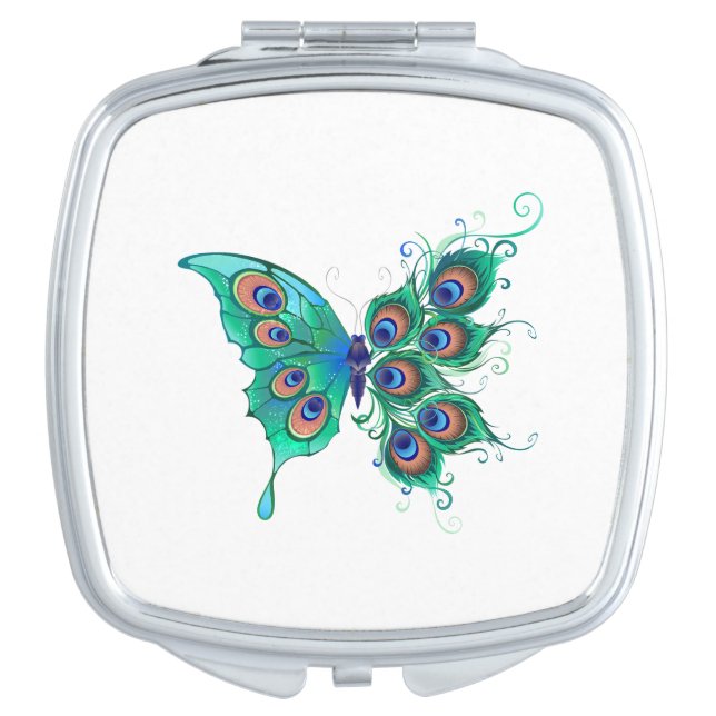 Butterfly with Green Peacock Feathers Compact Mirror (Front)