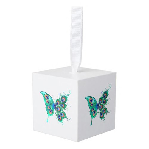 Butterfly with Green Peacock Feathers Cube Ornament