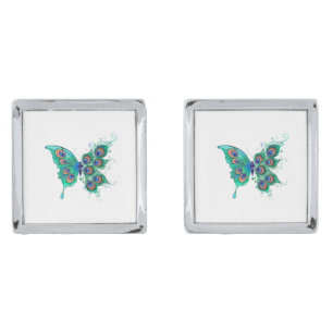 Butterfly with Green Peacock Feathers Cufflinks