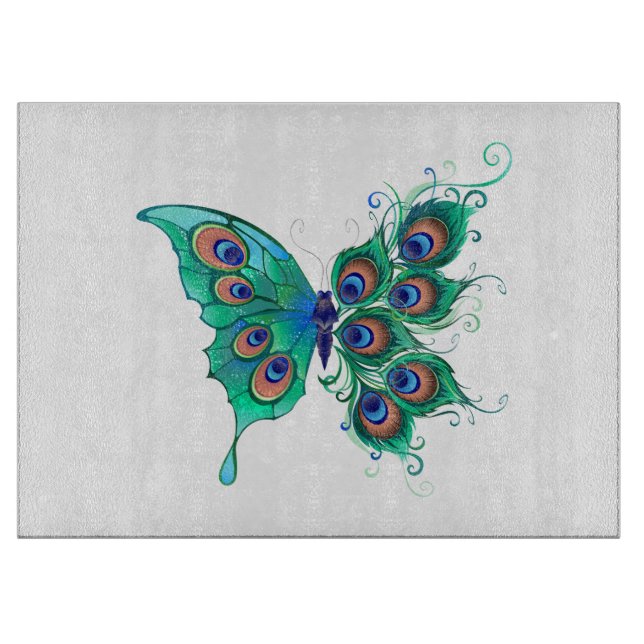Butterfly with Green Peacock Feathers Cutting Board (Front)