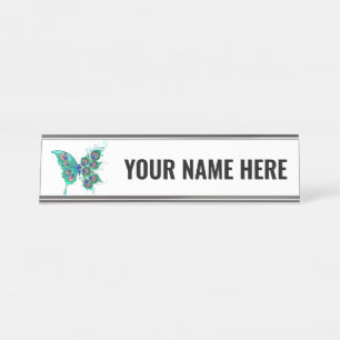 Butterfly with Green Peacock Feathers Desk Name Plate