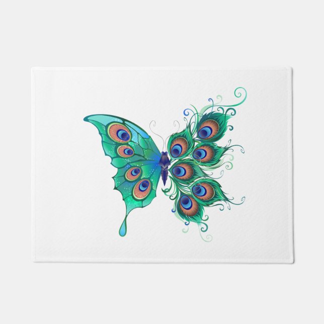 Butterfly with Green Peacock Feathers Doormat (Front)