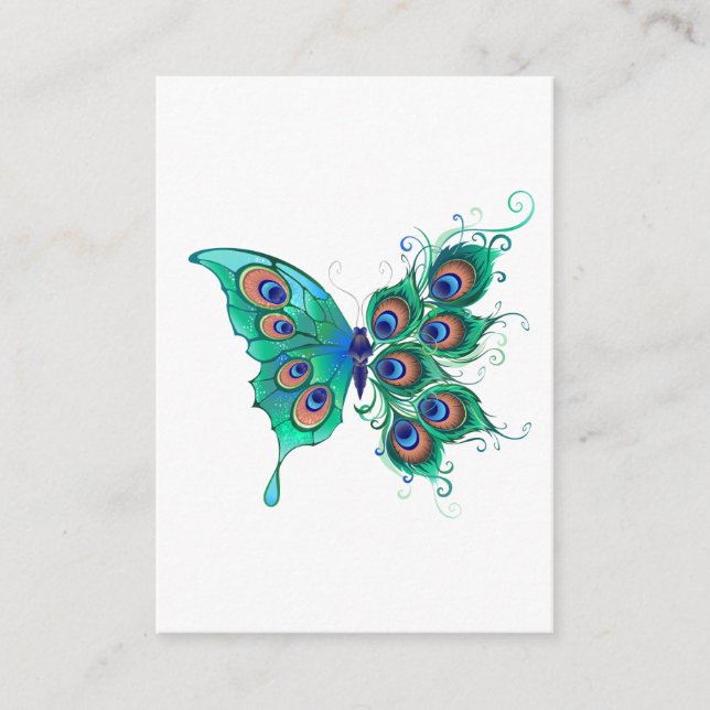 Butterfly with Green Peacock Feathers Enclosure Card (Front)
