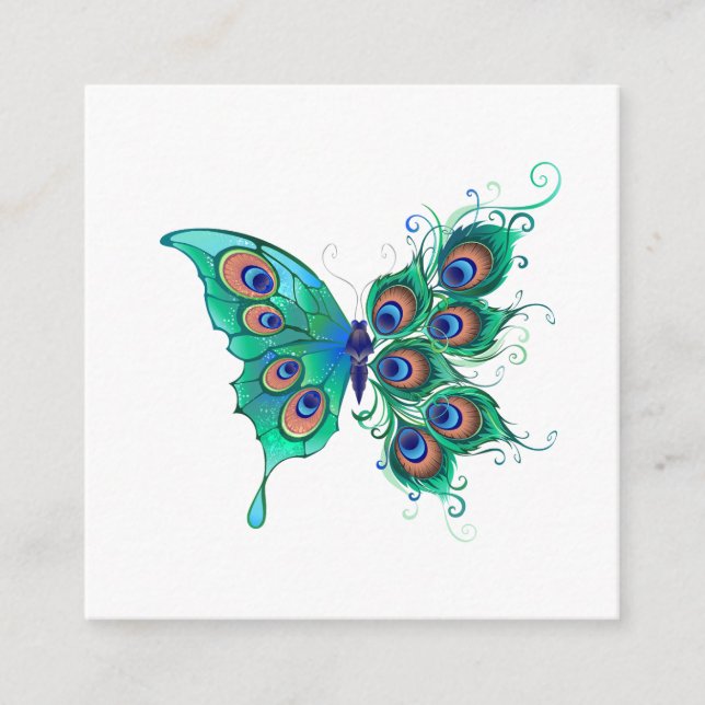 Butterfly with Green Peacock Feathers Enclosure Card (Front)
