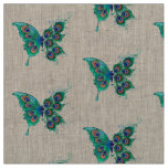 Butterfly with Green Peacock Feathers Fabric