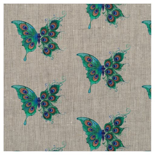 Butterfly with Green Peacock Feathers Fabric