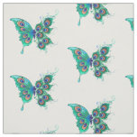 Butterfly with Green Peacock Feathers Fabric