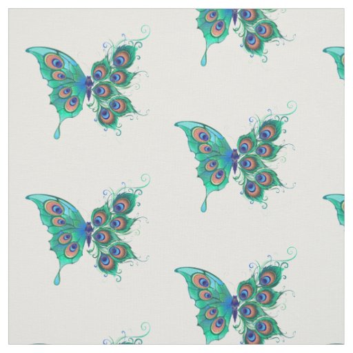 Butterfly with Green Peacock Feathers Fabric