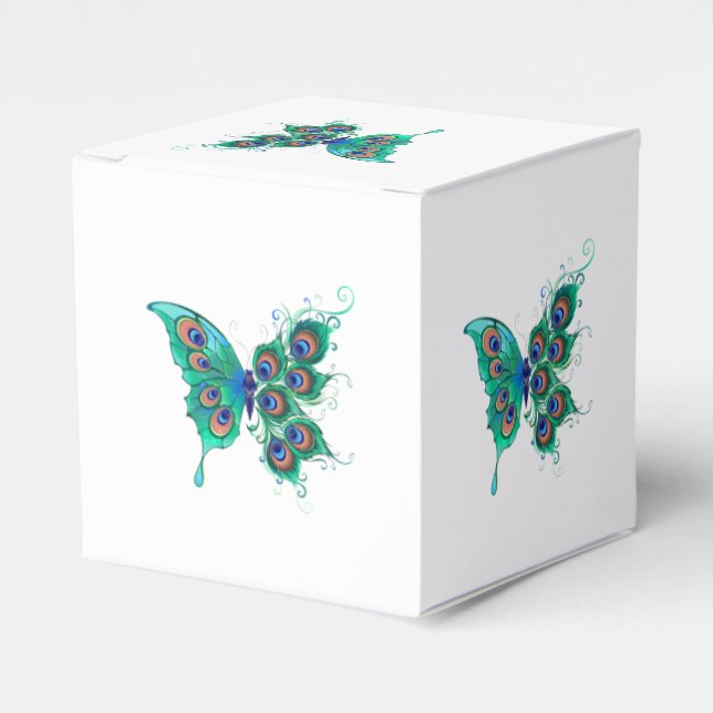 Butterfly with Green Peacock Feathers Favor Boxes (Front Side)