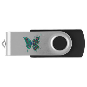 Butterfly with Green Peacock Feathers Flash Drive
