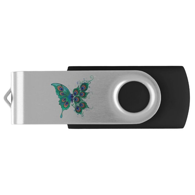 Butterfly with Green Peacock Feathers Flash Drive (Back)