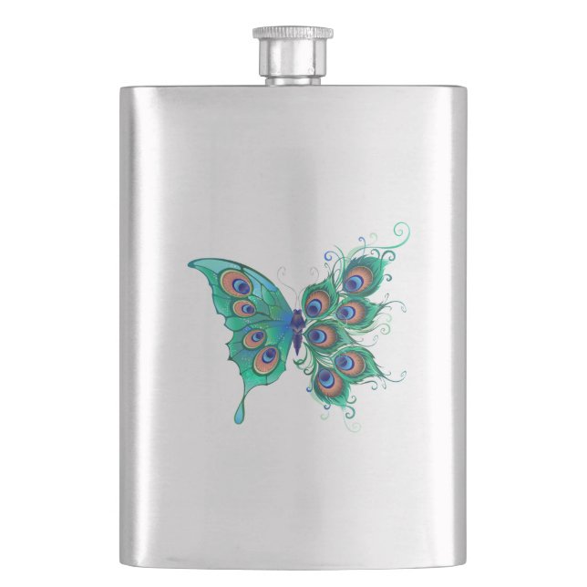 Butterfly with Green Peacock Feathers Flask (Front)