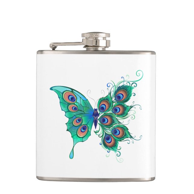 Butterfly with Green Peacock Feathers Flask (Front)