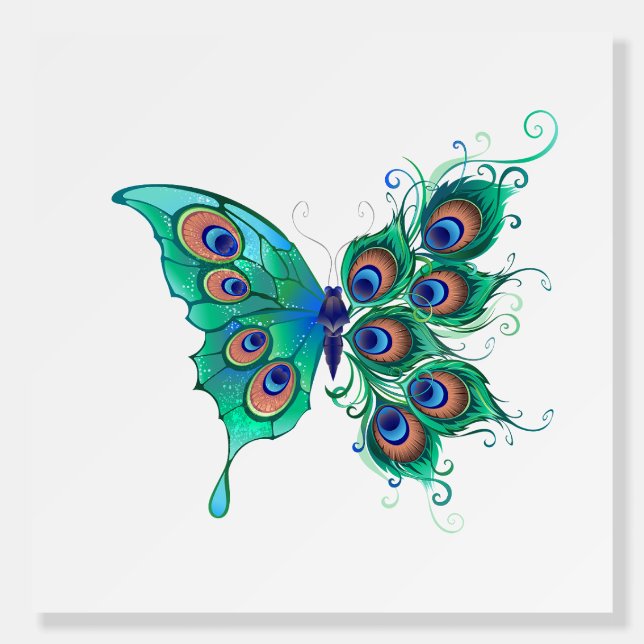 Butterfly with Green Peacock Feathers Foam Board (Front)