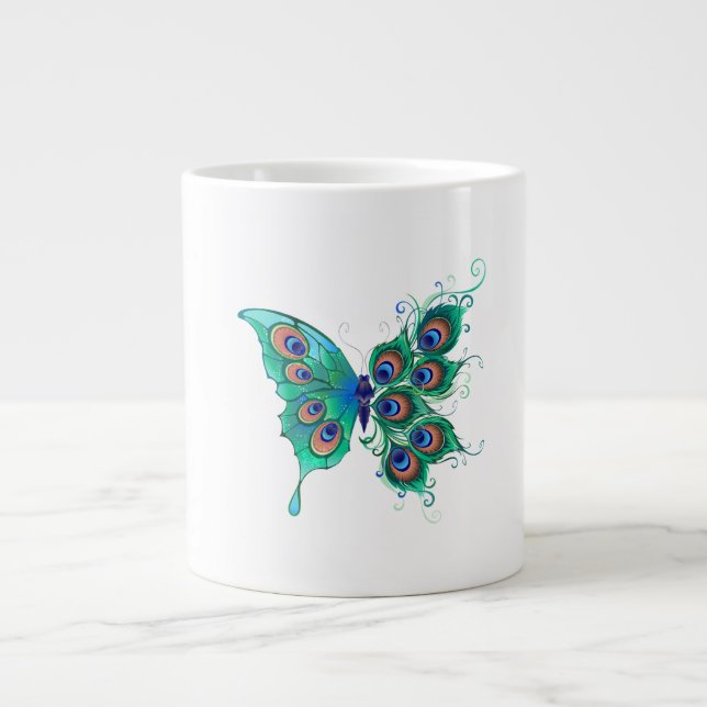 Butterfly with Green Peacock Feathers Giant Coffee Mug (Front)
