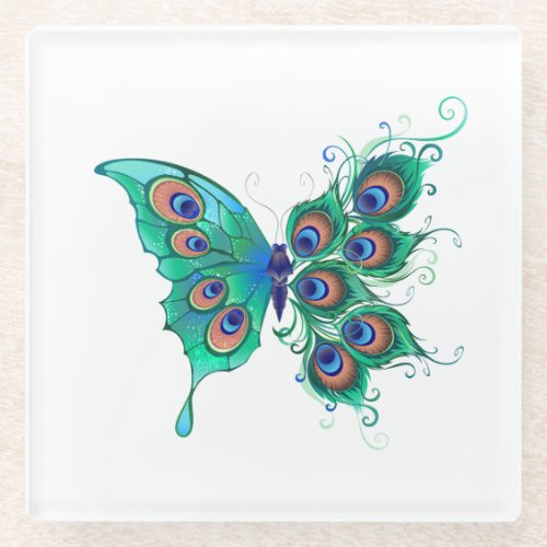 Butterfly with Green Peacock Feathers Glass Coaster