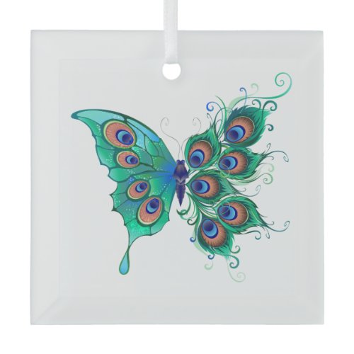 Butterfly with Green Peacock Feathers Glass Ornament