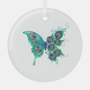 Butterfly with Green Peacock Feathers Glass Ornament