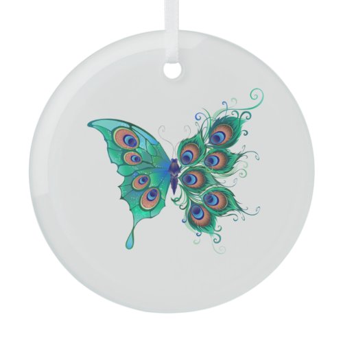 Butterfly with Green Peacock Feathers Glass Ornament