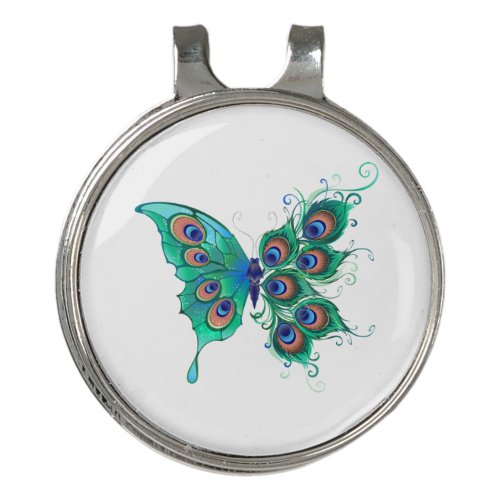 Butterfly with Green Peacock Feathers Golf Hat Clip