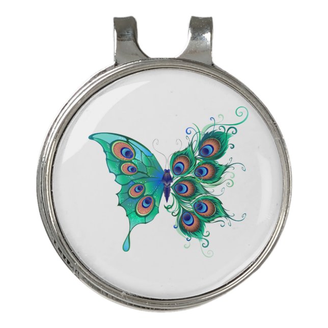 Butterfly with Green Peacock Feathers Golf Hat Clip (Front)
