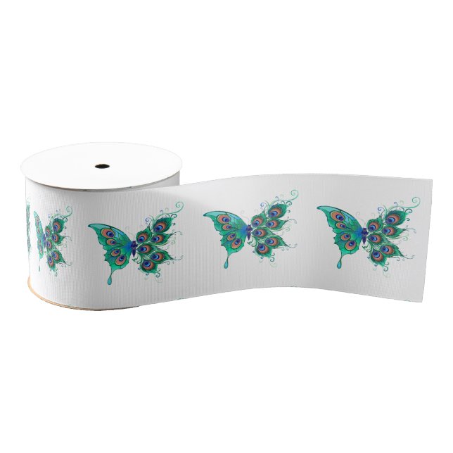 Butterfly with Green Peacock Feathers Grosgrain Ribbon (Spool)