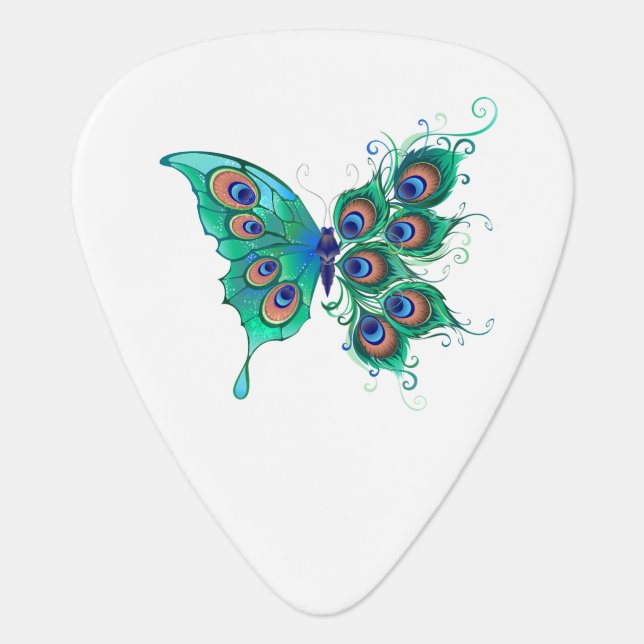 Butterfly with Green Peacock Feathers Guitar Pick (Front)