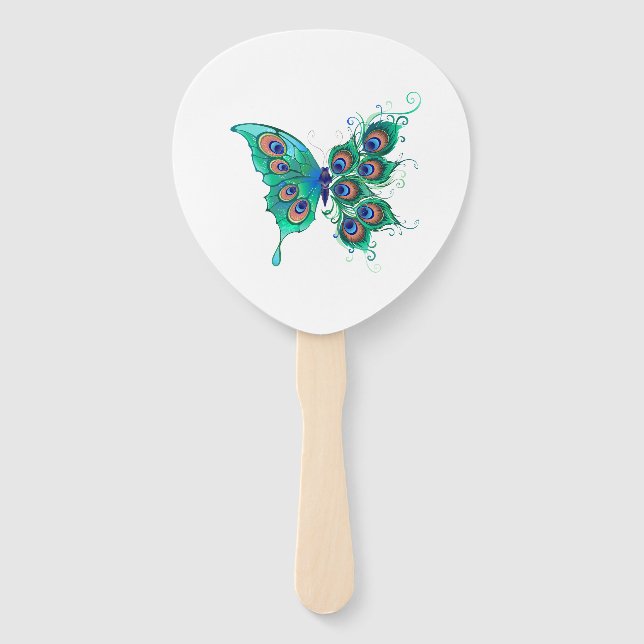 Butterfly with Green Peacock Feathers Hand Fan (Front)