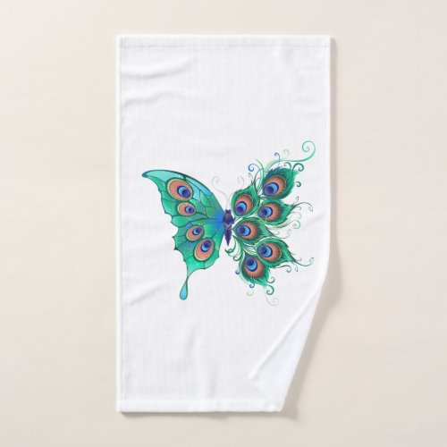 Butterfly with Green Peacock Feathers Hand Towel