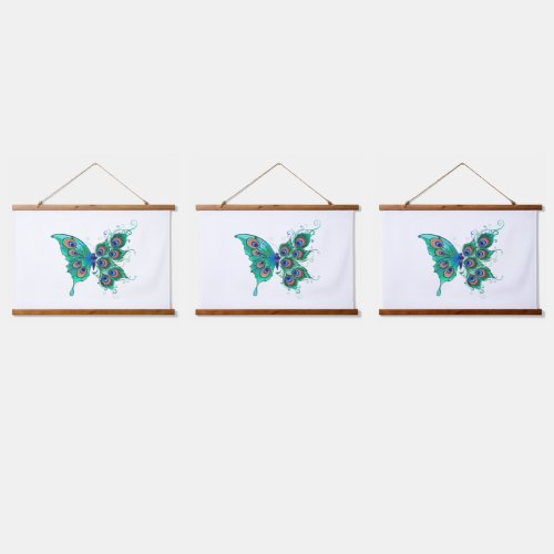 Butterfly with Green Peacock Feathers Hanging Tapestry