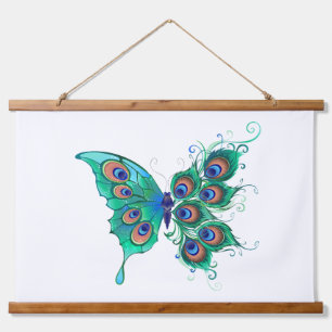 Butterfly with Green Peacock Feathers Hanging Tapestry