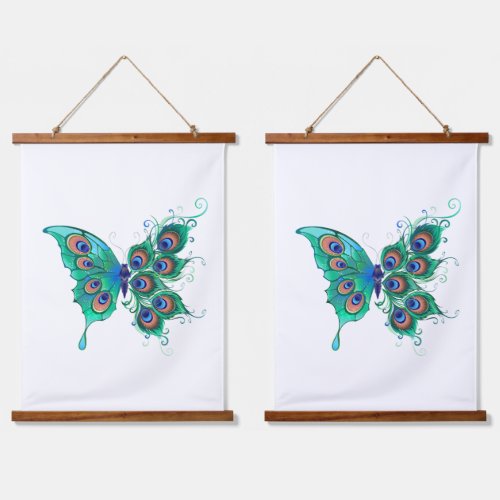 Butterfly with Green Peacock Feathers Hanging Tapestry