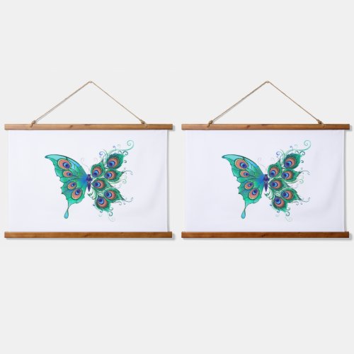 Butterfly with Green Peacock Feathers Hanging Tapestry