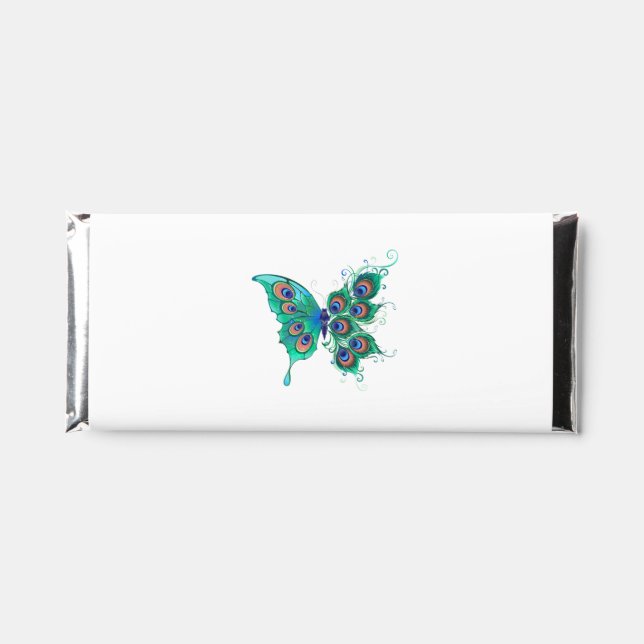 Butterfly with Green Peacock Feathers Hershey Bar Favors (Front)