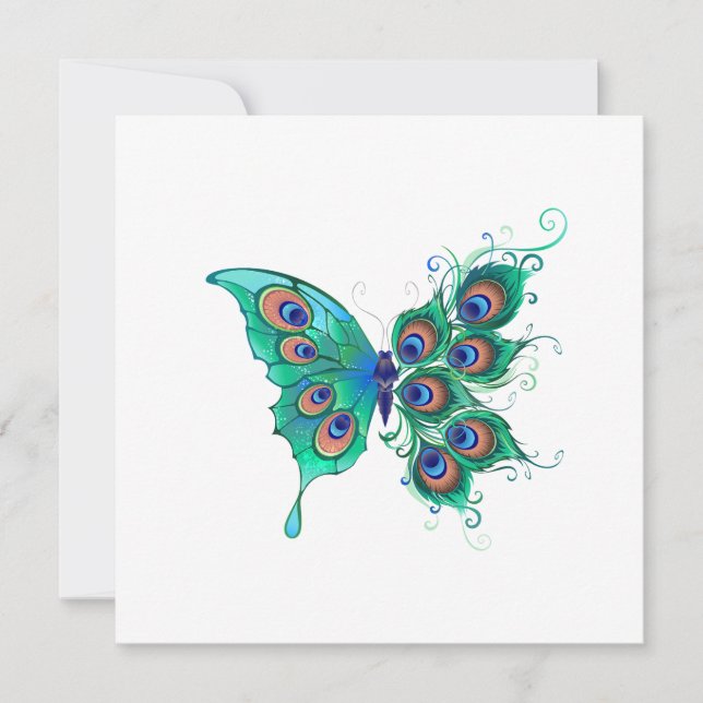 Butterfly with Green Peacock Feathers Holiday Card (Front)