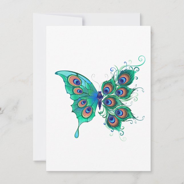Butterfly with Green Peacock Feathers Holiday Card (Front)