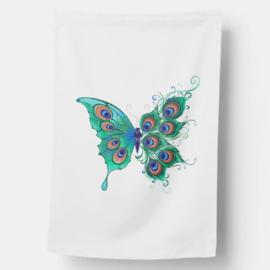 Butterfly with Green Peacock Feathers House Flag
