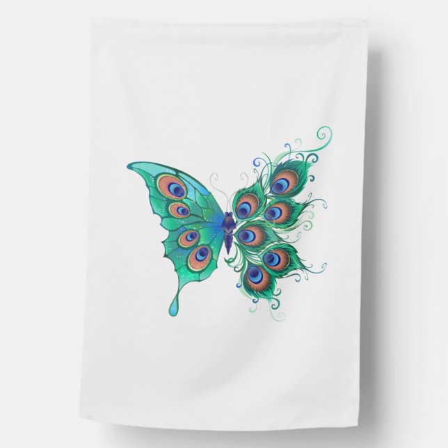 Butterfly with Green Peacock Feathers House Flag (Front)