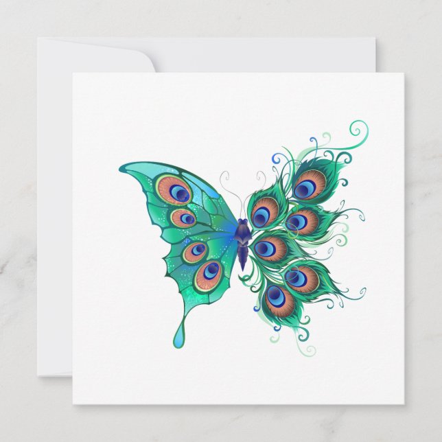 Butterfly with Green Peacock Feathers Invitation (Front)