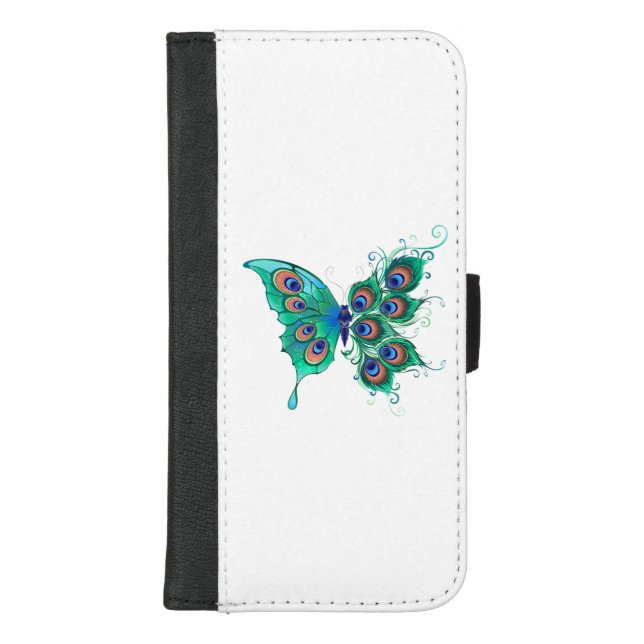 Butterfly with Green Peacock Feathers iPhone Wallet Case (Front)