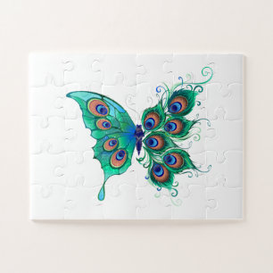 Butterfly with Green Peacock Feathers Jigsaw Puzzle