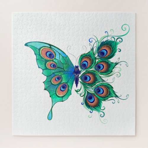Butterfly with Green Peacock Feathers Jigsaw Puzzle