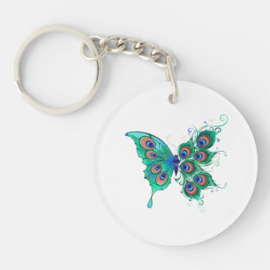 Butterfly with Green Peacock Feathers Keychain