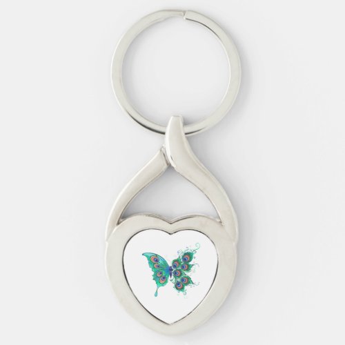 Butterfly with Green Peacock Feathers Keychain