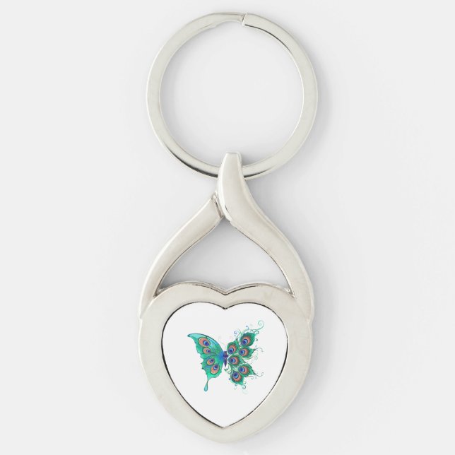 Butterfly with Green Peacock Feathers Keychain (Front)