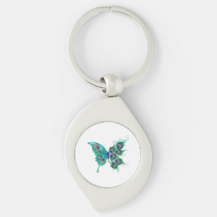 Butterfly with Green Peacock Feathers Keychain